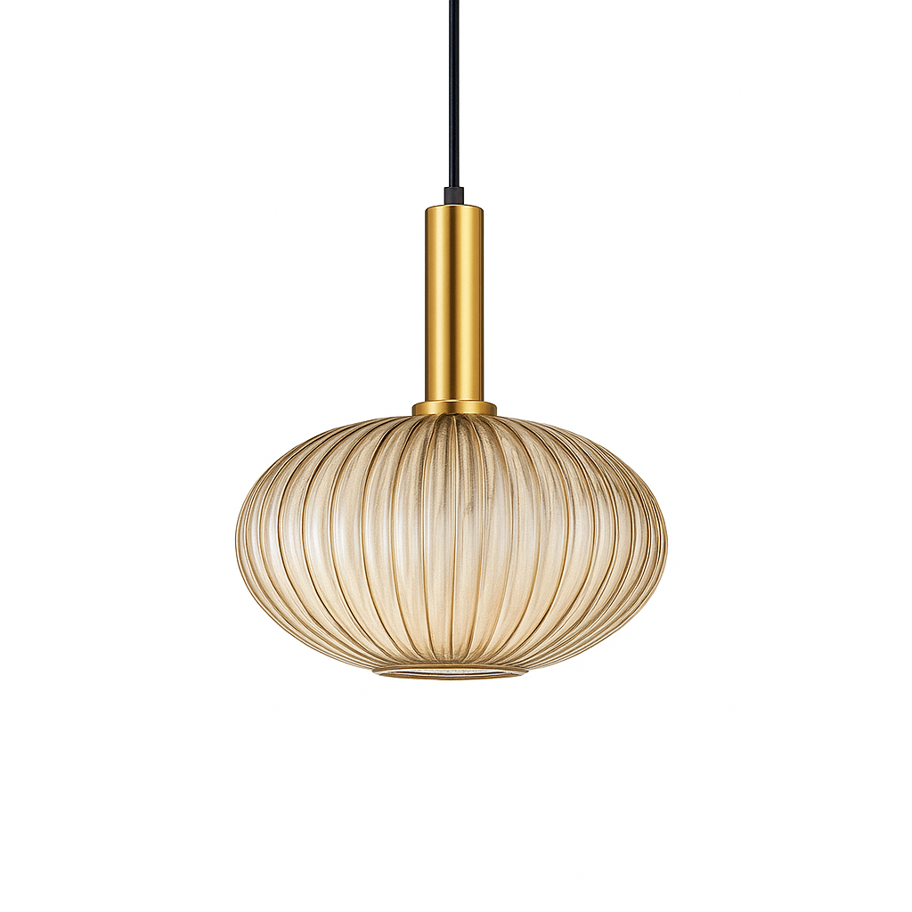 Suspension Calyra – Verre Rainuré et Laiton Doré – Ø30 x H28 cm