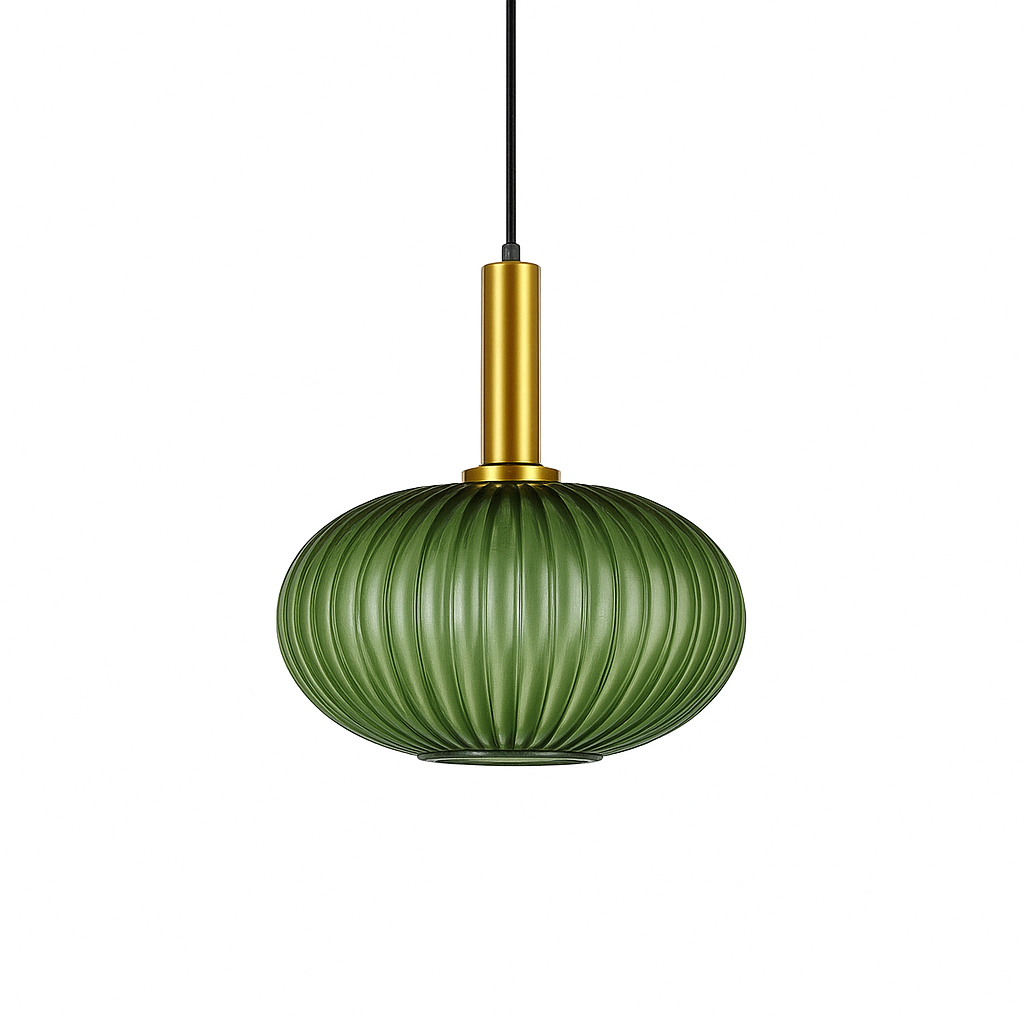 Suspension Calyra – Verre Rainuré et Laiton Doré – Ø30 x H28 cm