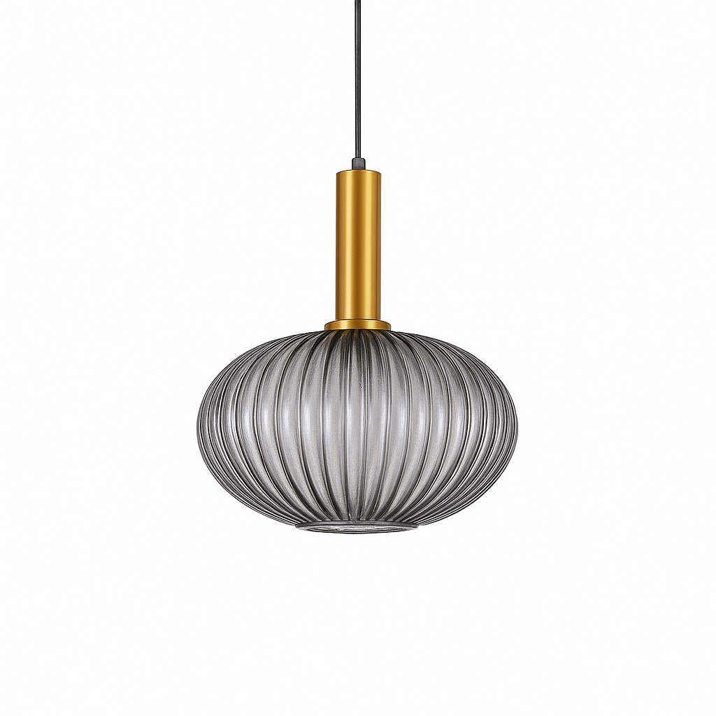 Suspension Calyra – Verre Rainuré et Laiton Doré – Ø30 x H28 cm